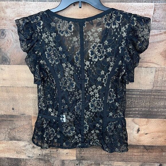 Charlotte Russe Lace Top Sheer Black Mesh Gold Thread Puff Sleeves Medium - Picture 14 of 15